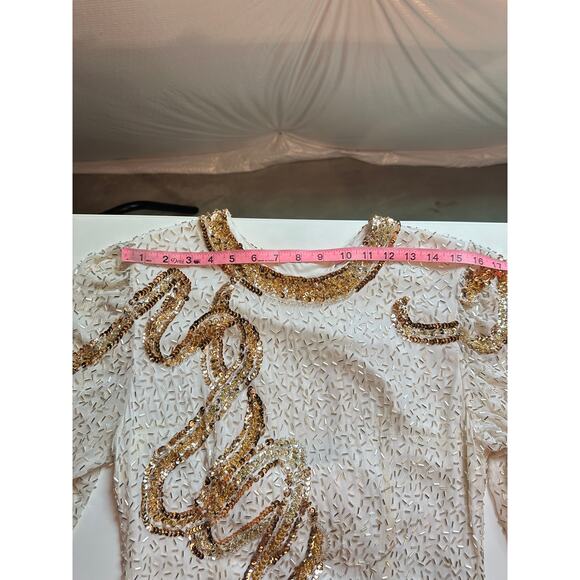 Vintage Cachet Bari Protas Womens 14 Silk Long sleeve Fully Beaded Dress Ivory - Picture 12 of 16